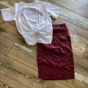 White Graphic Tee and maroon sweater Skirt Set size M
